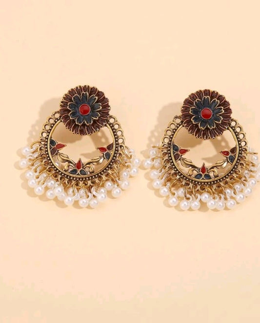 Flower Decor Faux Pearl Tasel Earring