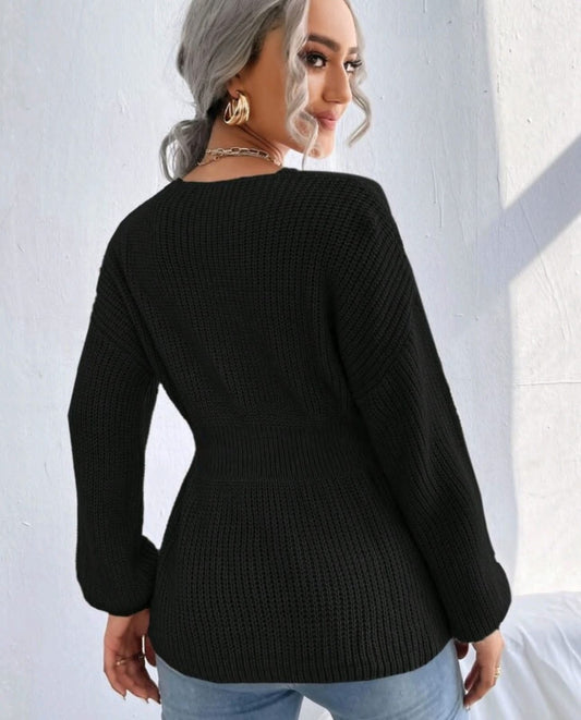 Notched Neck Bishop Sleeve Sweater